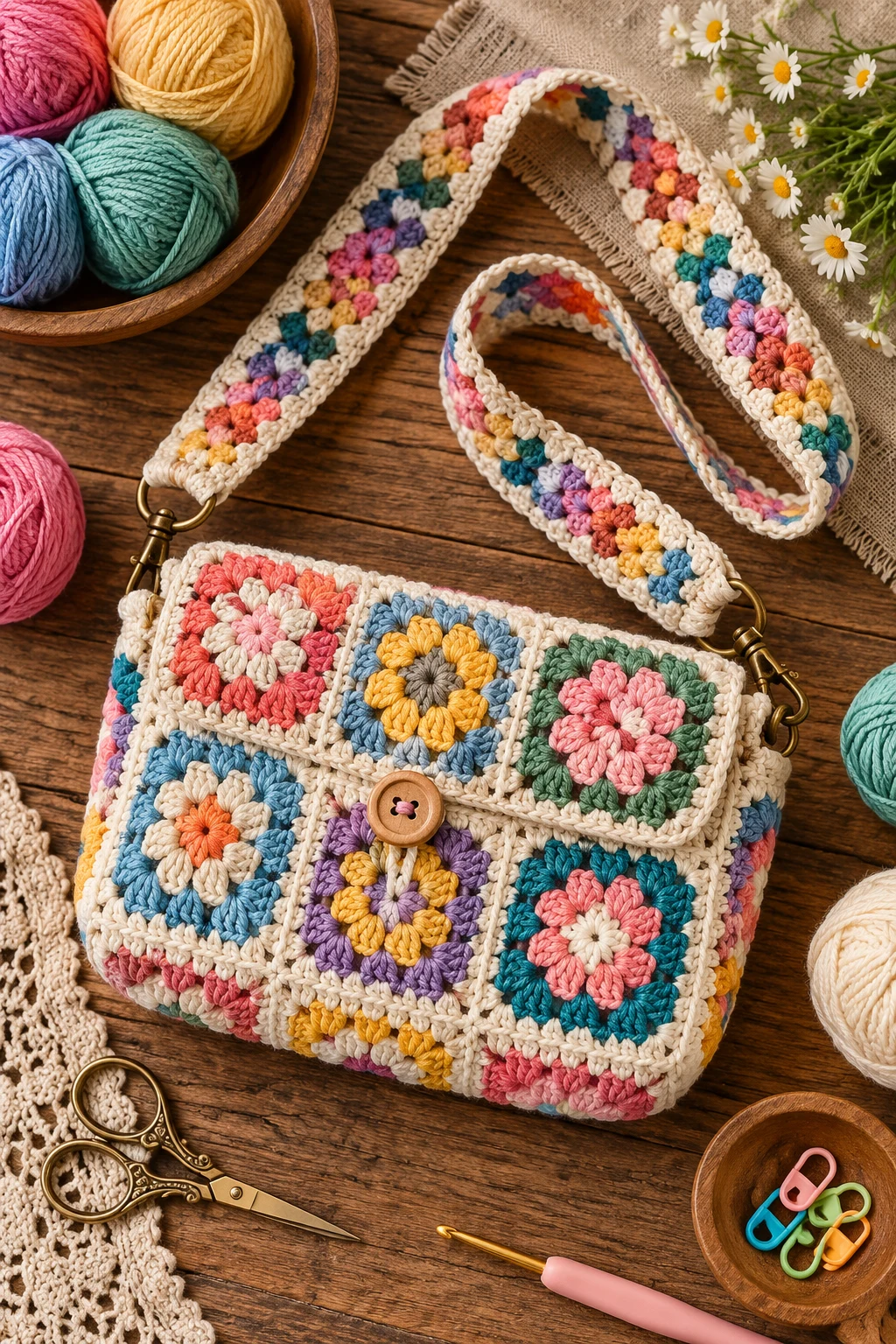 Colorful Granny Square Crossbody — crochet cross bag style outfit