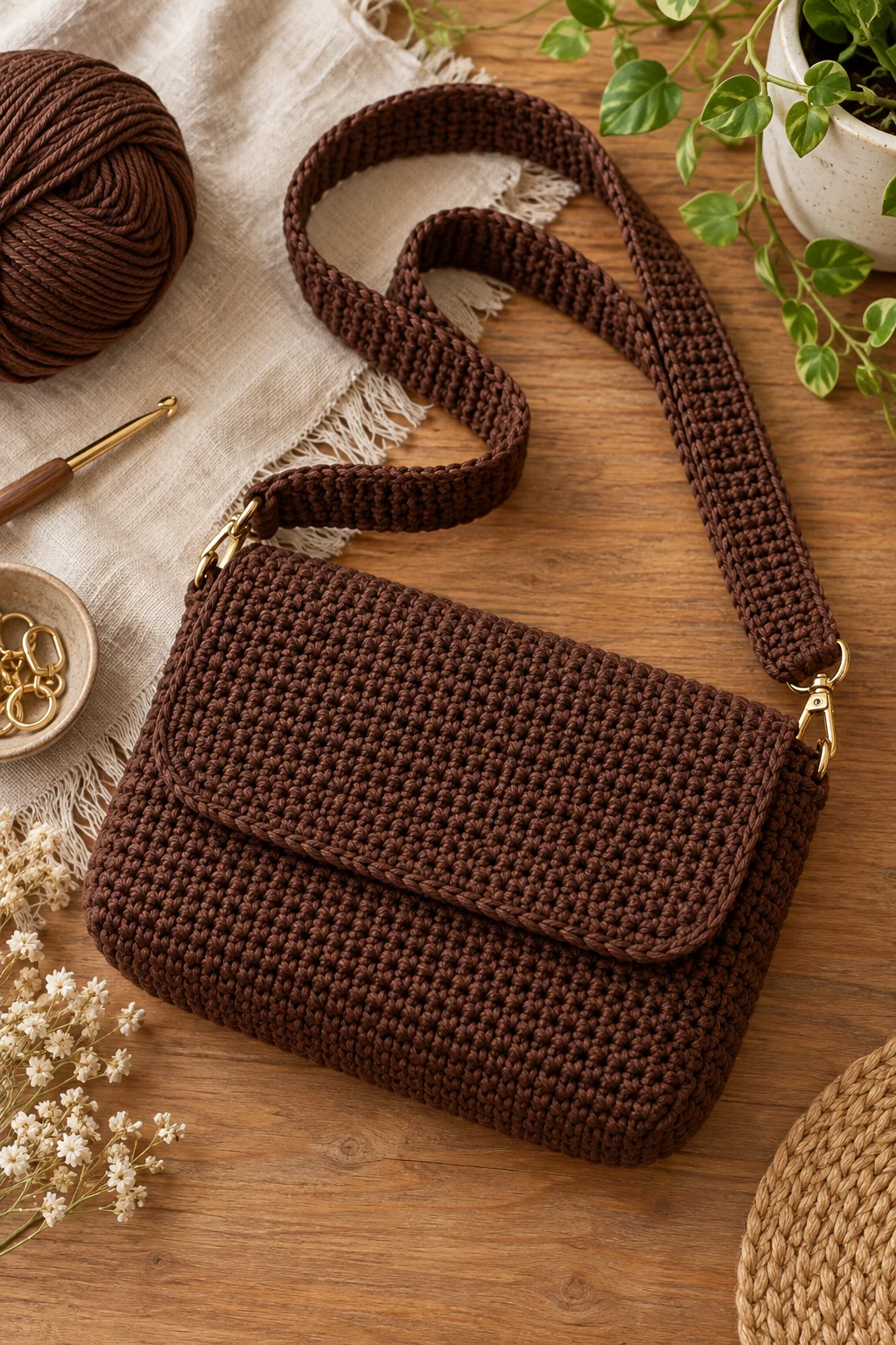 Chocolate Brown Minimalist Bag — crochet cross bag style outfit