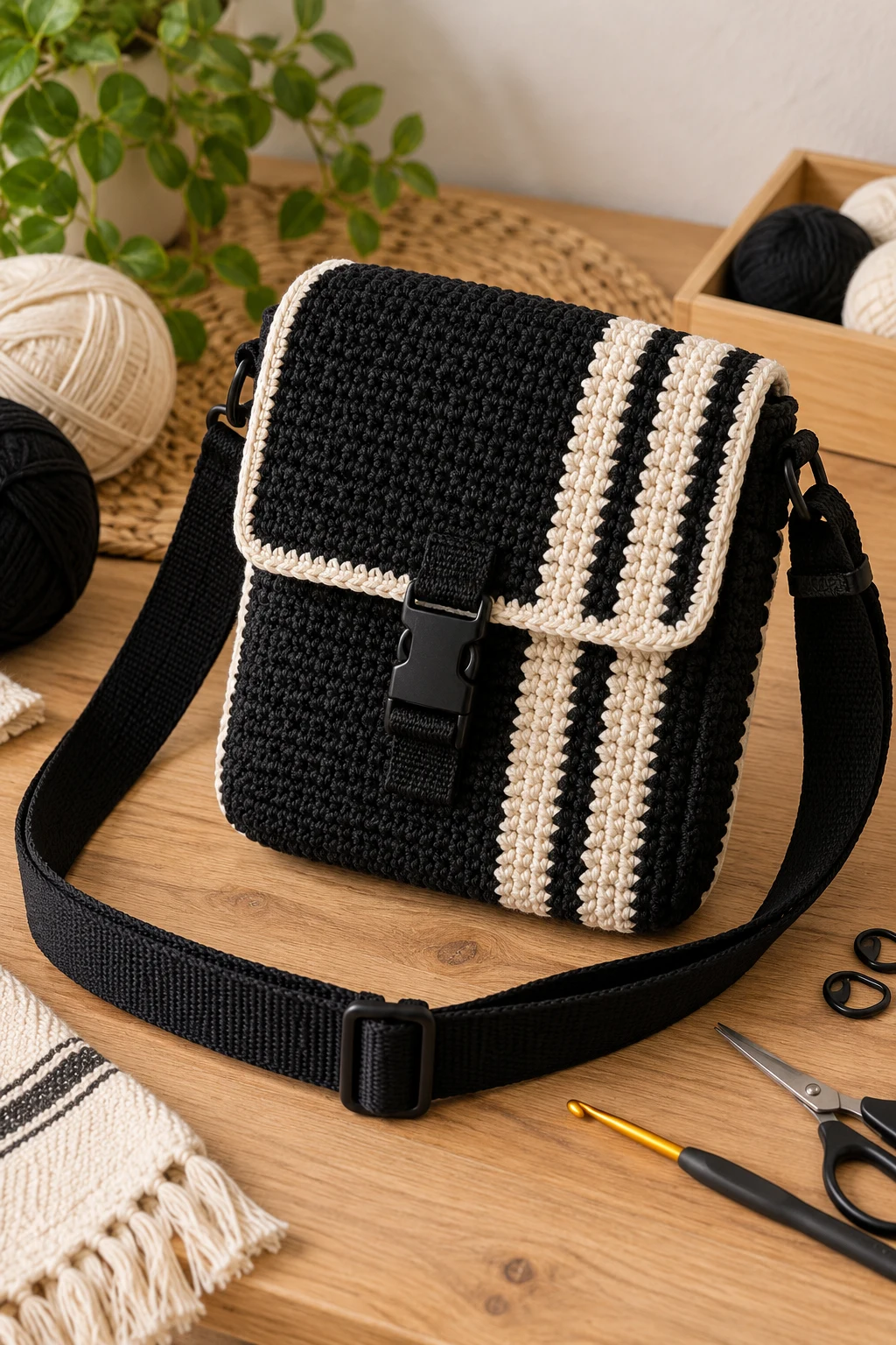 Black-and-White Crochet Cross Bag for Men — crochet cross bag style outfit