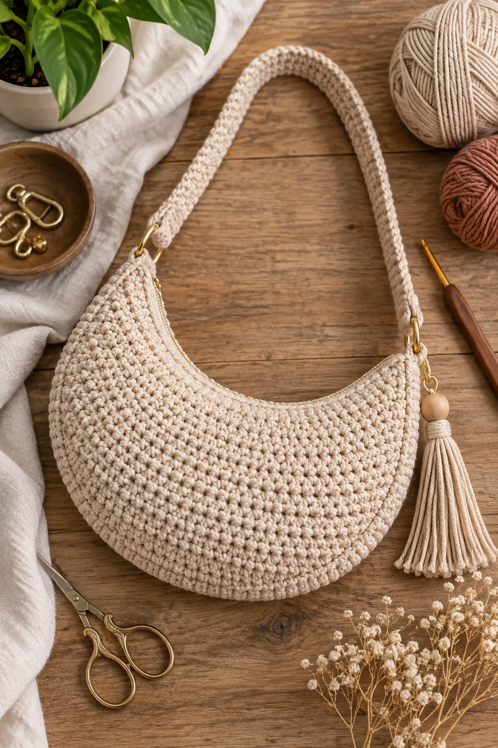 Crescent Moon Shoulder Bag — crochet cross body bag style outfit