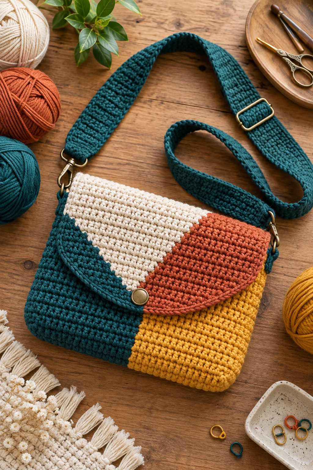 Color-Blocked Statement Bag — crochet cross body bag style outfit