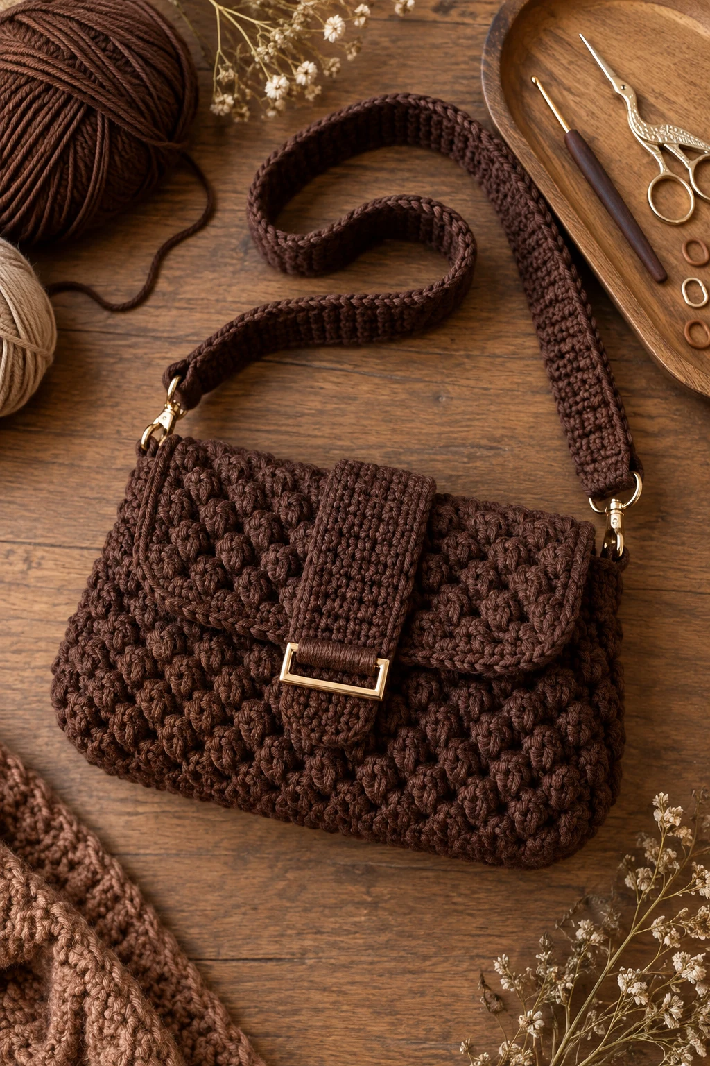 Chocolate Brown Textured Bag — crochet cross body bag style outfit