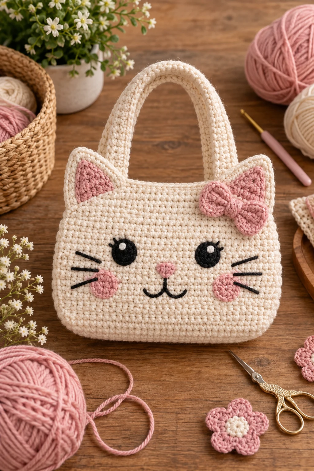 Cat Face Mini Tote — crochet cute bag style outfit