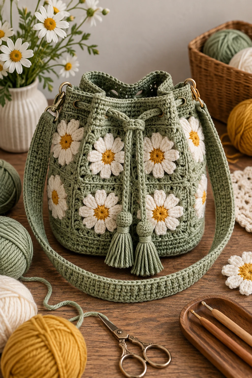 Daisy Bucket Bag — crochet cute bag style outfit