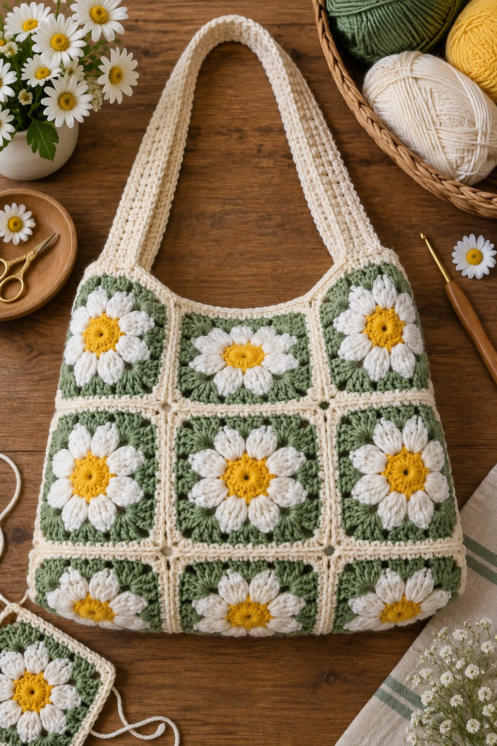 Classic White Daisy Granny-Square Bag — crochet daisy bag style outfit