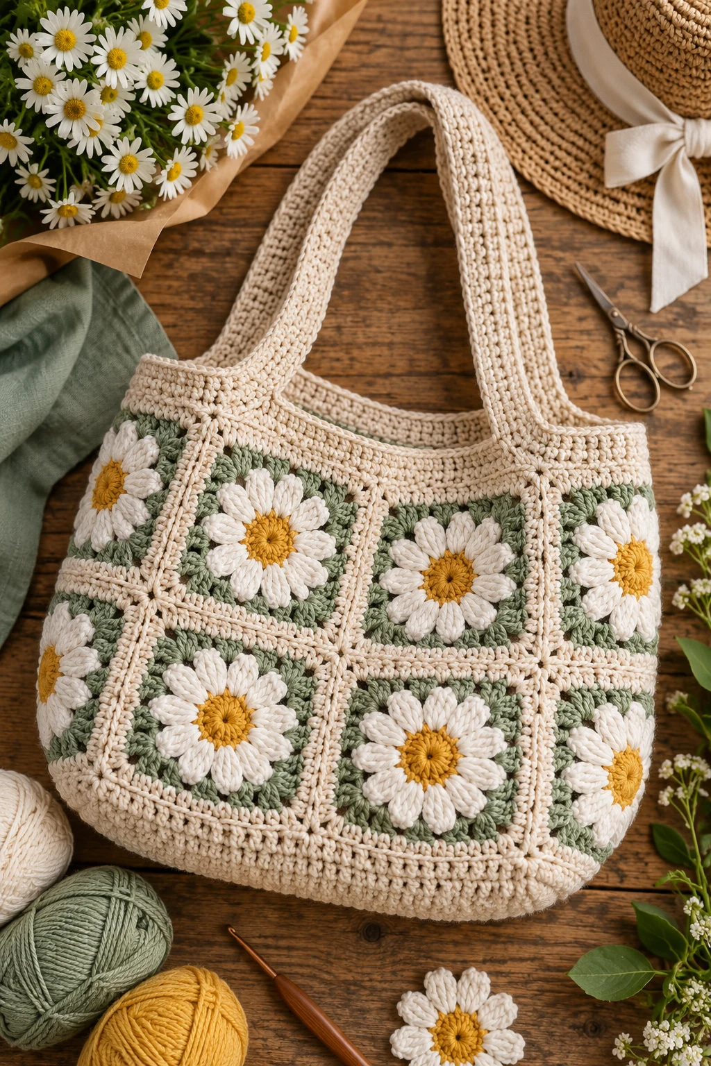 Vintage-Inspired Daisy Market Bag — crochet daisy bag style outfit