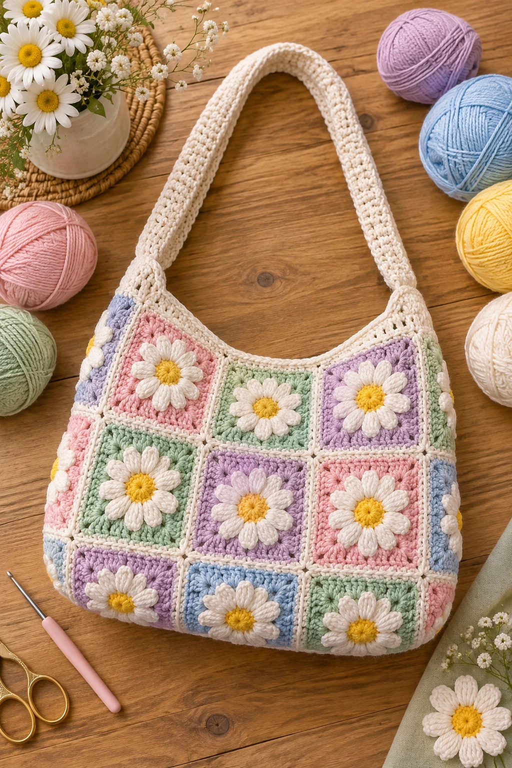 Pastel Daisy Shoulder Bag — crochet daisy bag style outfit