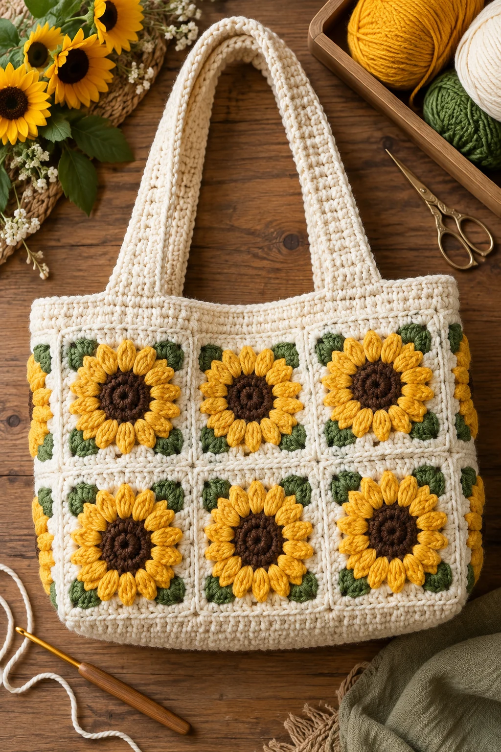 Chunky Sunflower Daisy Tote — crochet daisy bag style outfit