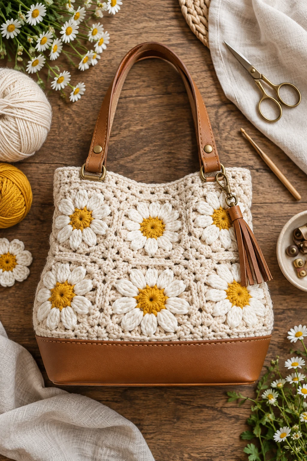 Daisy Bag With a Leather-Style Base — crochet daisy bag style outfit