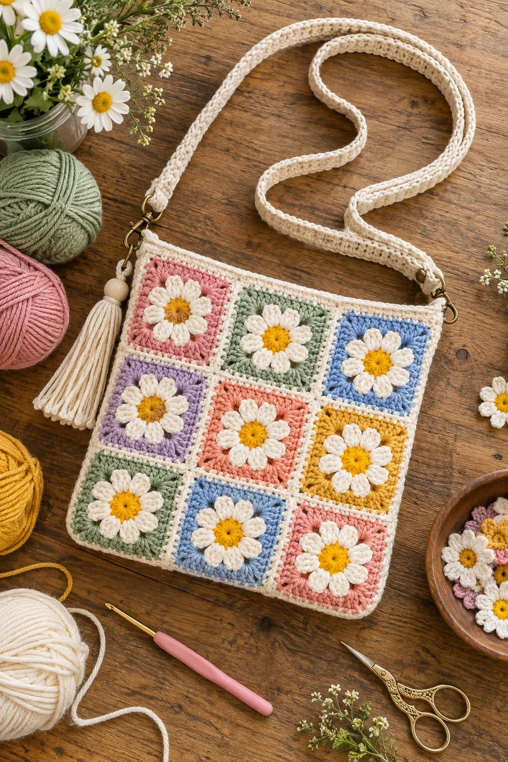Colorful Daisy Granny-Square Crossbody — crochet daisy bag style outfit