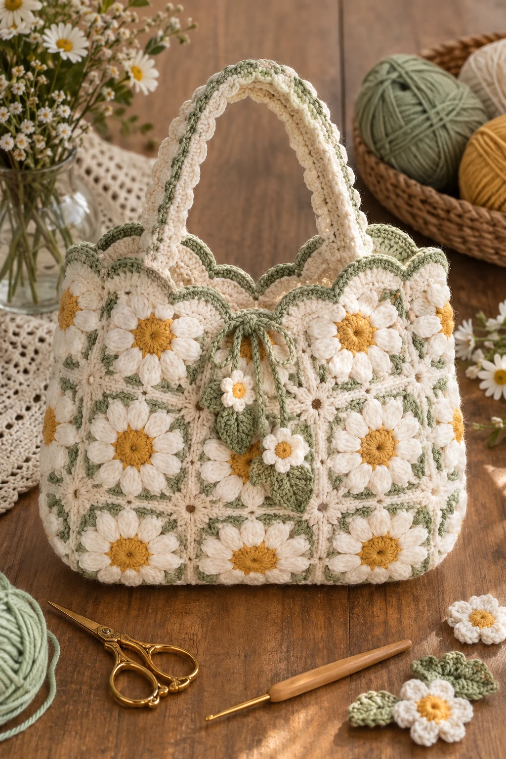 Romantic Daisy Bag With Scalloped Edges — crochet daisy bag style outfit
