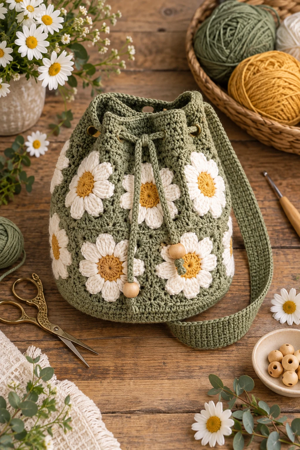Daisy Bucket Bag — crochet daisy bag style outfit