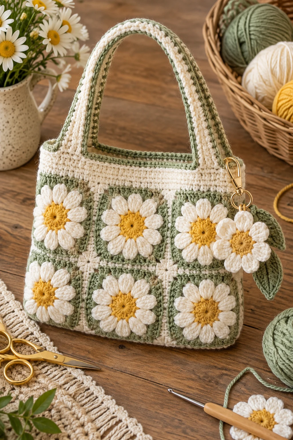 Daisy Bag With Detachable Charm — crochet daisy bag style outfit