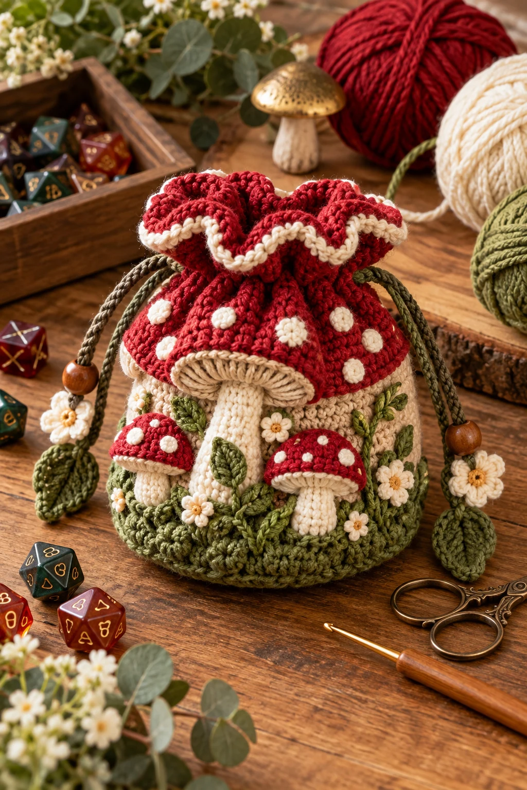 Mushroom Fantasy Dice Bag — crochet dice bag pattern free style outfit