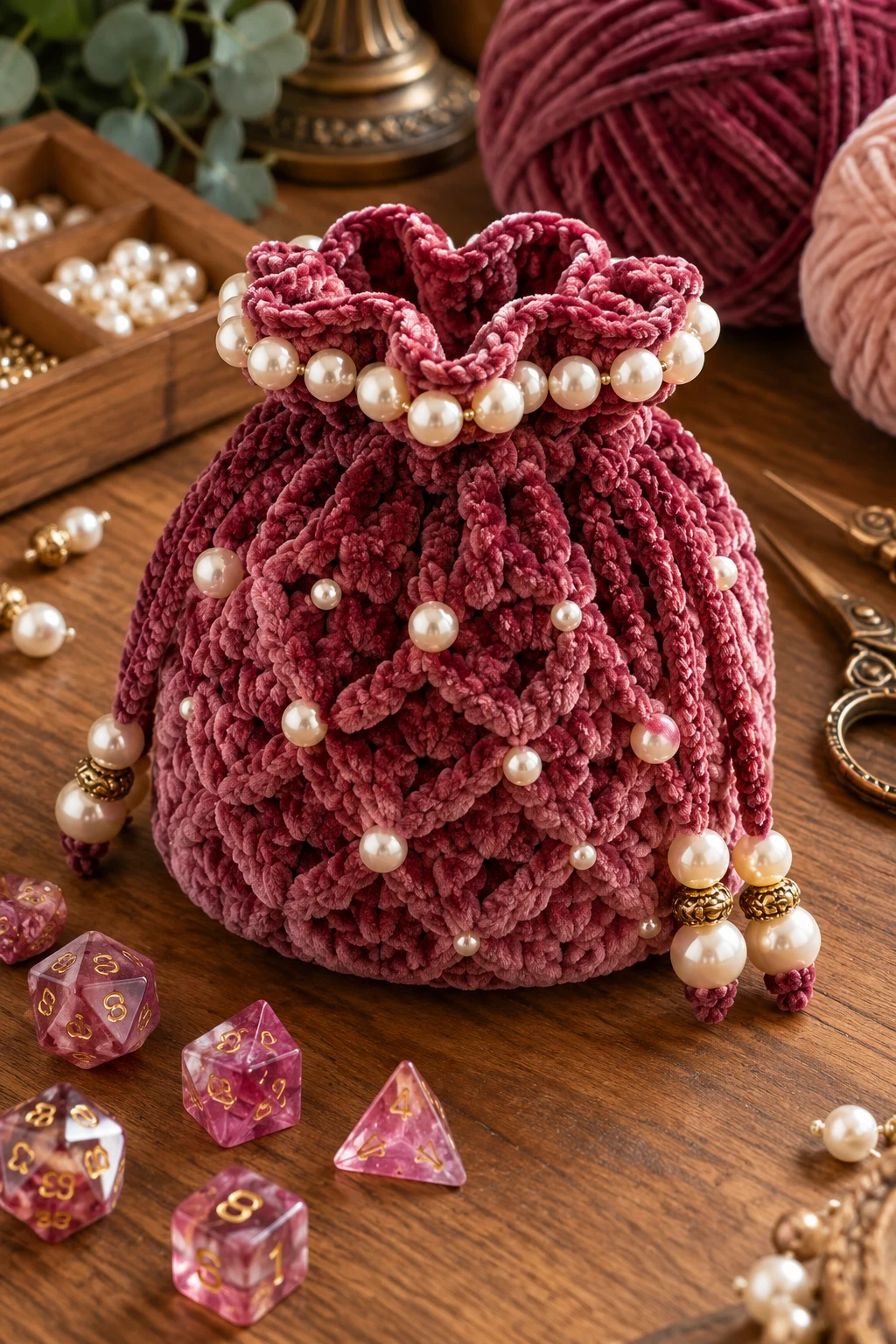 Pearl-Topped Velvet Dice Pouch — crochet dice bag pattern free style outfit