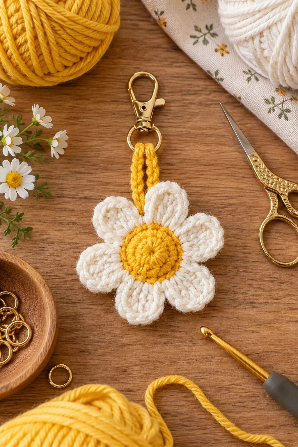 Sunny Yellow Daisy Charm — crochet flower bag charm style outfit