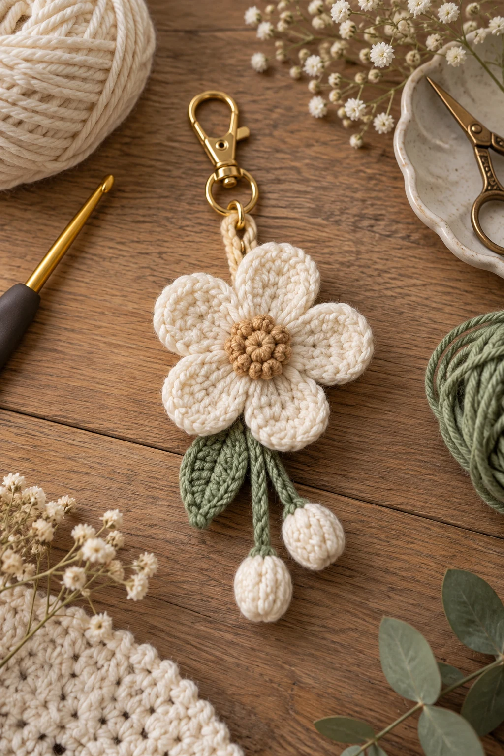 Minimalist Cream Flower Charm — crochet flower bag charm style outfit