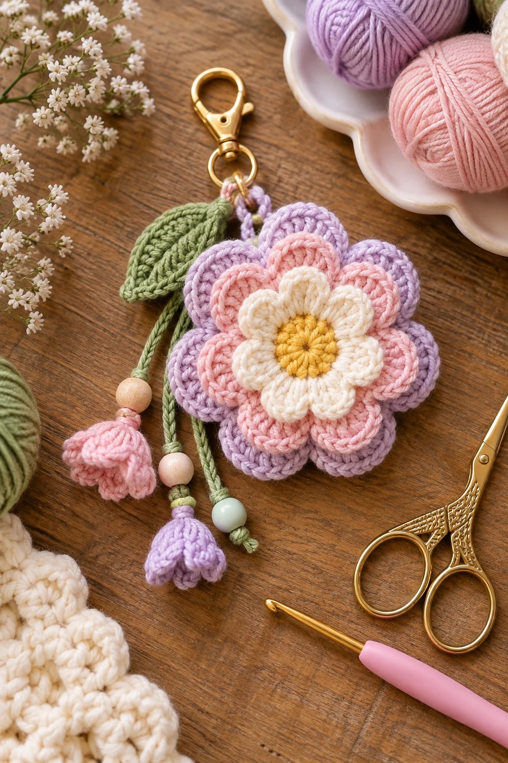 Pastel Layered Bloom — crochet flower bag charm style outfit