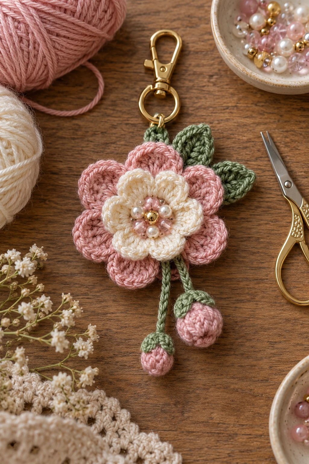 Crochet Floral Bag Charm With a Beaded Center — crochet flower bag charm style outfit