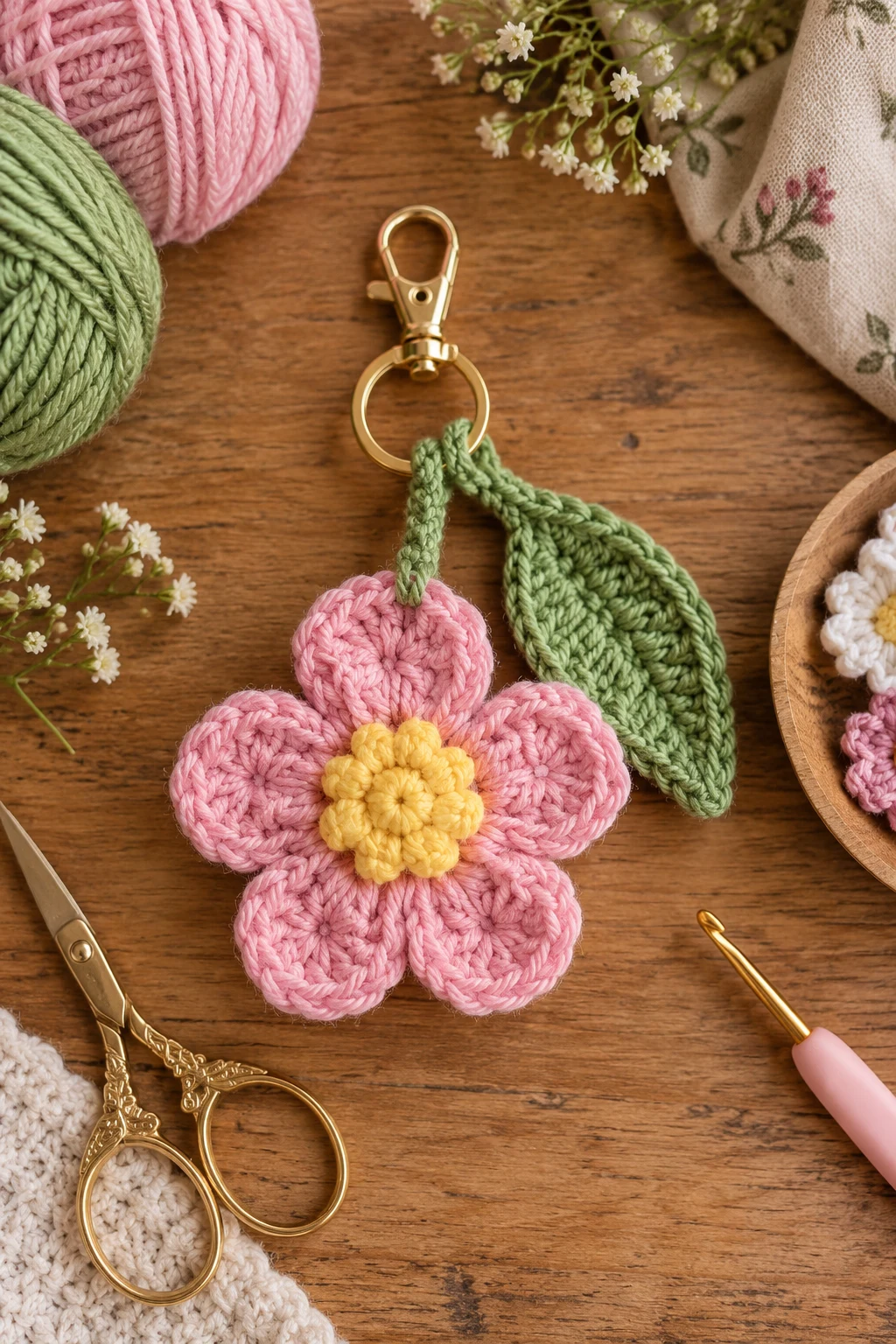 Easy Crochet Flower Bag Charm With a Leaf — crochet flower bag charm style outfit