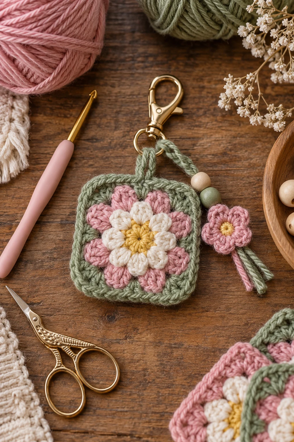 Granny Square Flower Mini Charm — crochet flower bag charm style outfit
