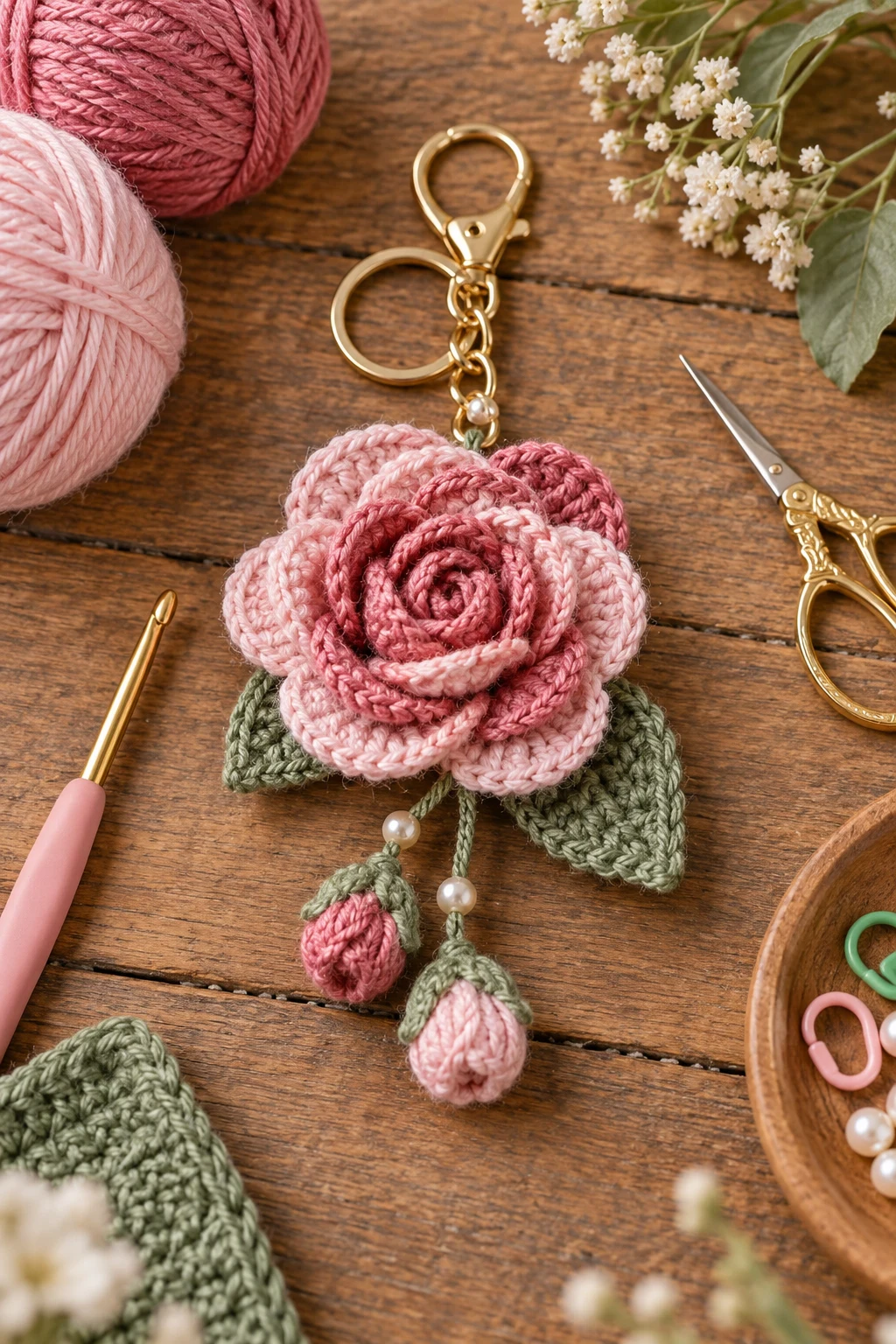 Two-Tone Rose Bag Charm — crochet flower bag charm style outfit