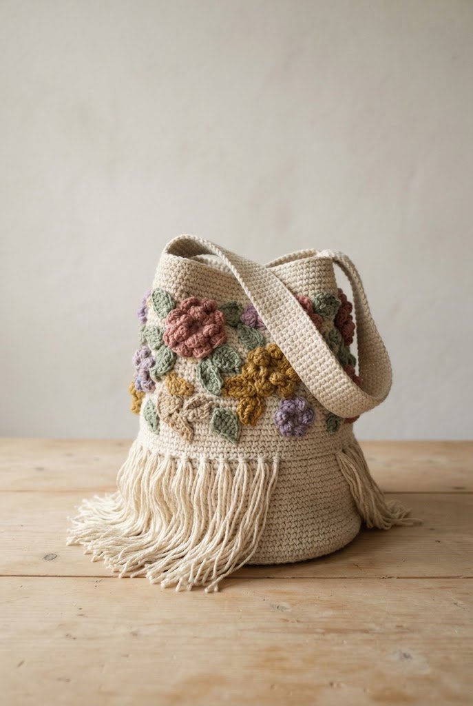 Boho Fringe and Floral Bucket Bag — crochet flower bag pattern free style outfit