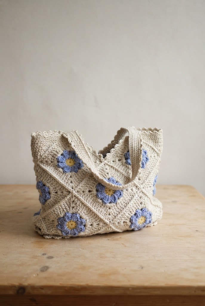 Periwinkle Picot Edge Flower Tote — crochet flower bag pattern free style outfit