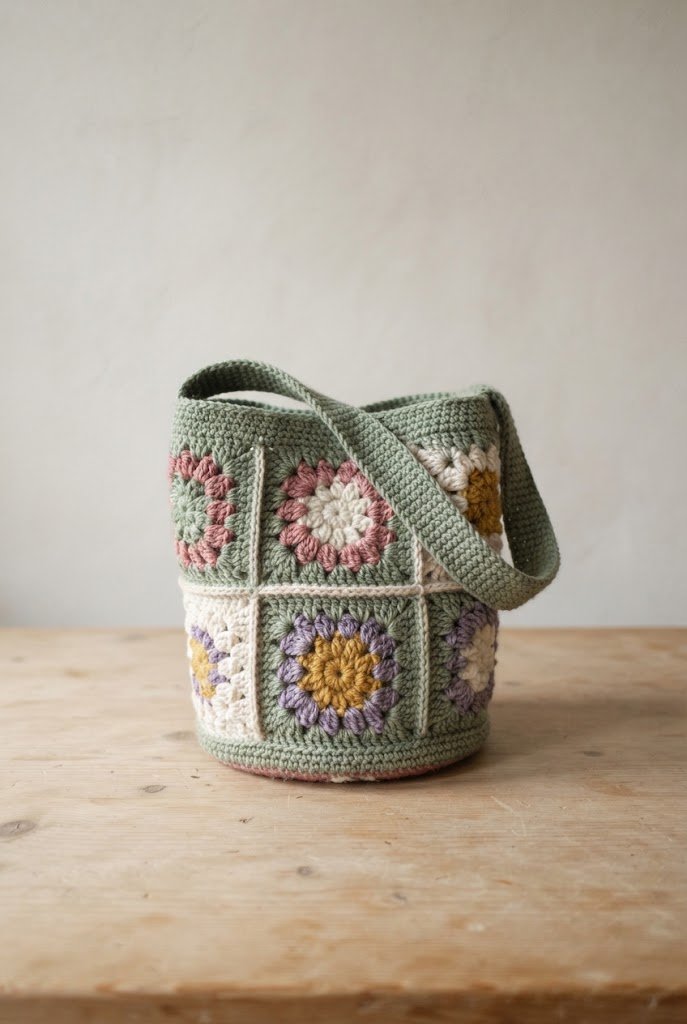 Granny Square Garden Bucket Bag — crochet flower bag pattern free style outfit