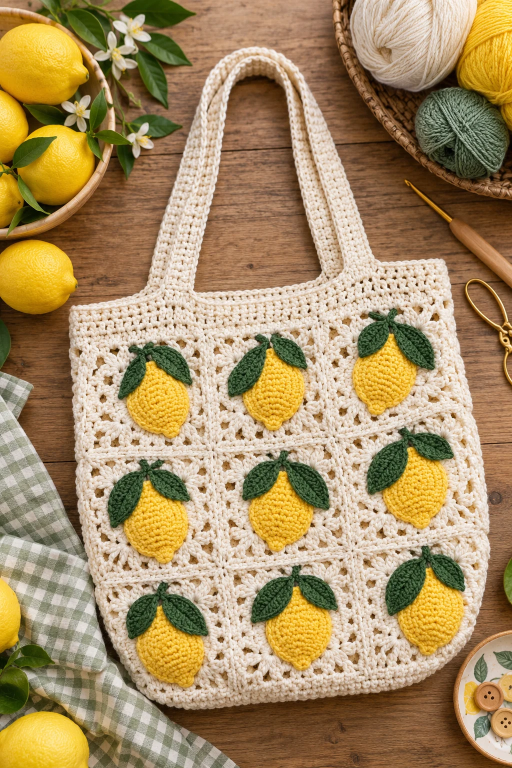 Lemon Market Tote — crochet fruit bag style outfit