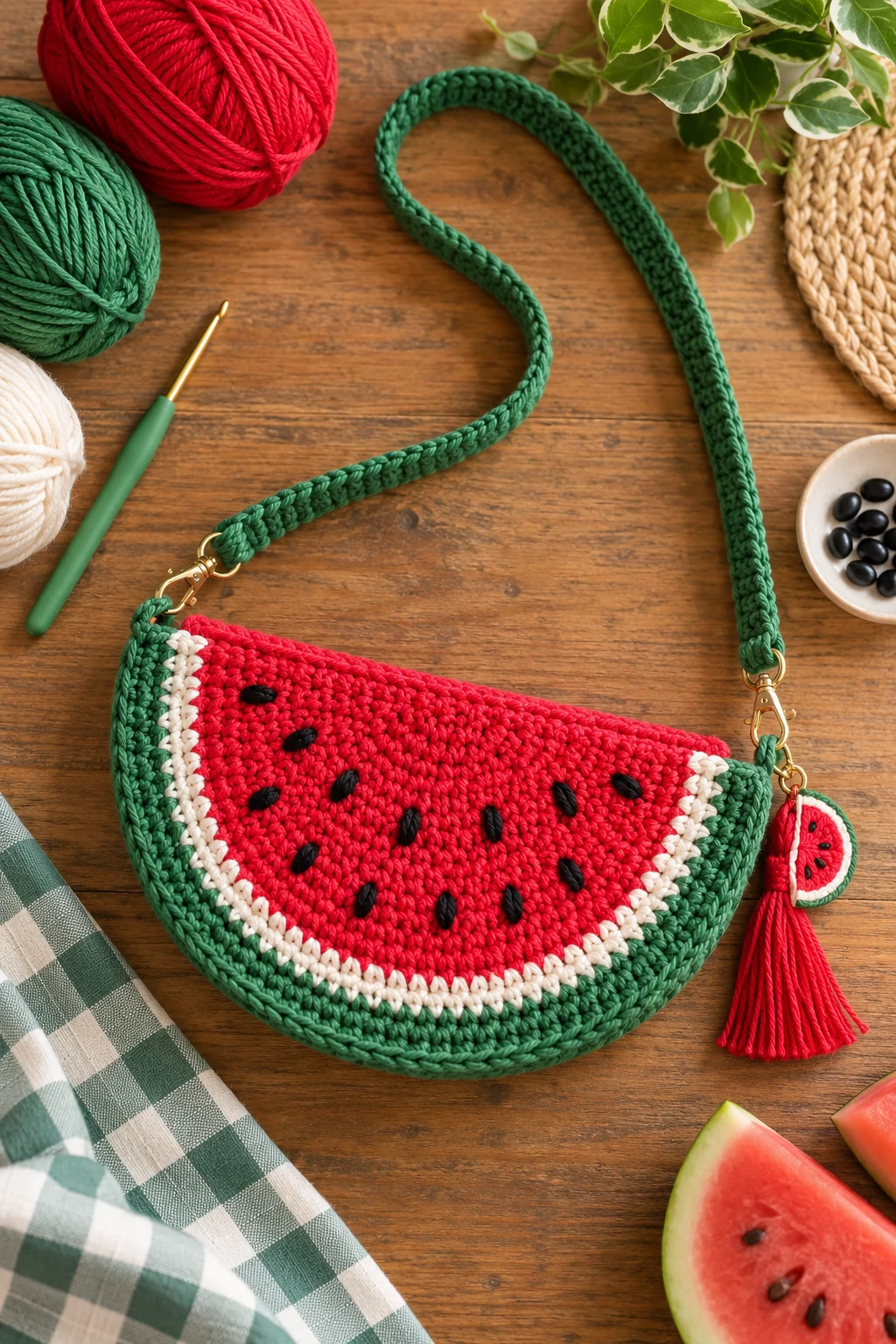 Watermelon Slice Crossbody — crochet fruit bag style outfit
