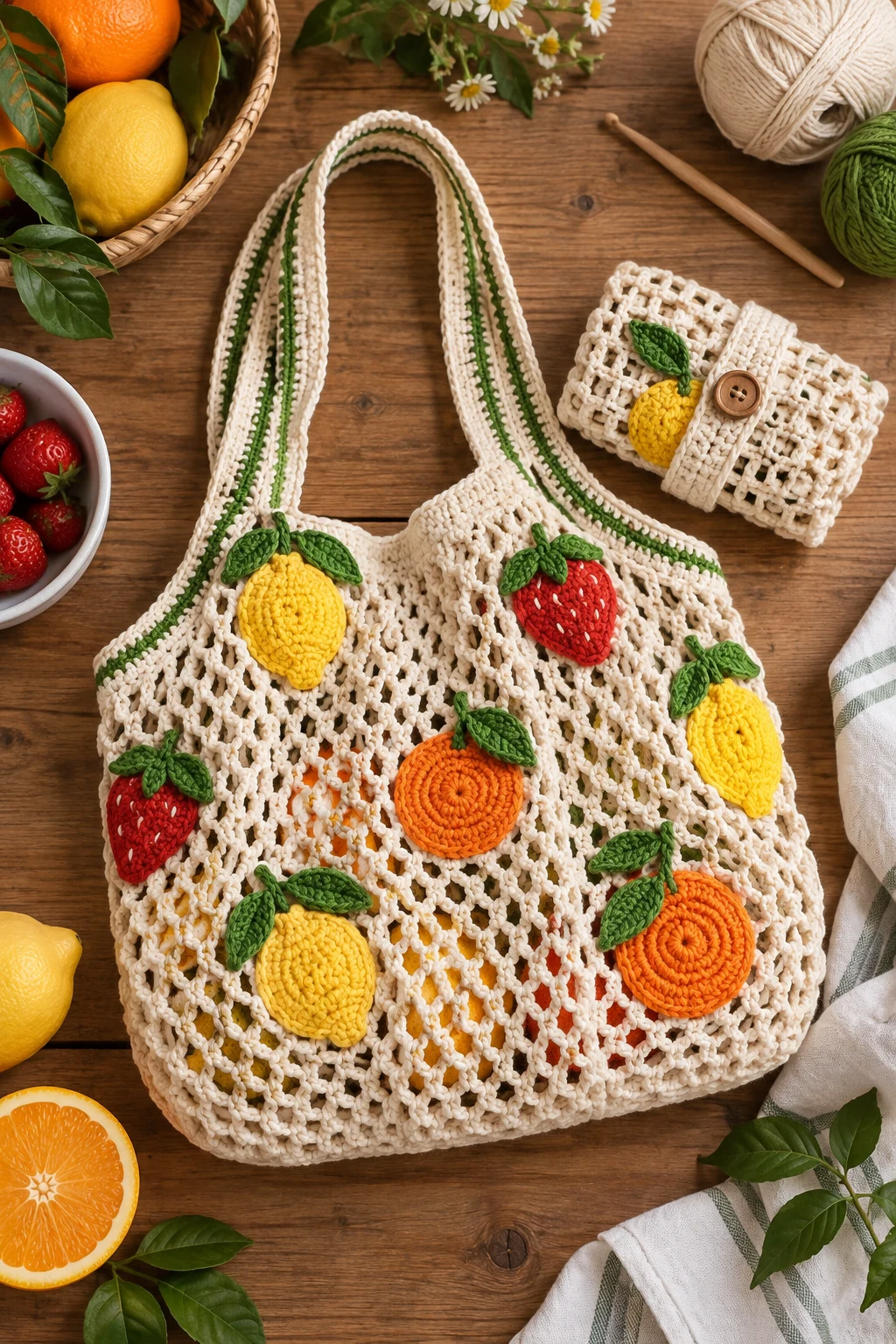 Foldable Fruit Market Bag — crochet fruit bag style outfit