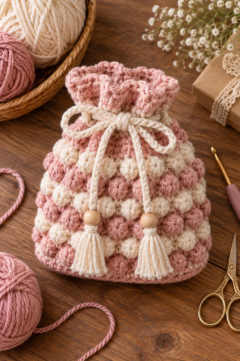 Textured Bobble-Stitch Gift Bag — crochet gift bag style outfit