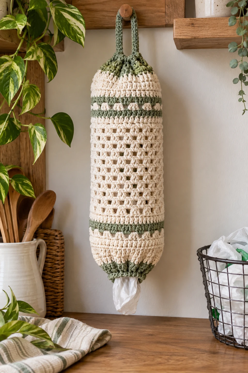 Classic Farmhouse Cotton Crochet Grocery Bag Holder — crochet grocery bag holder style outfit