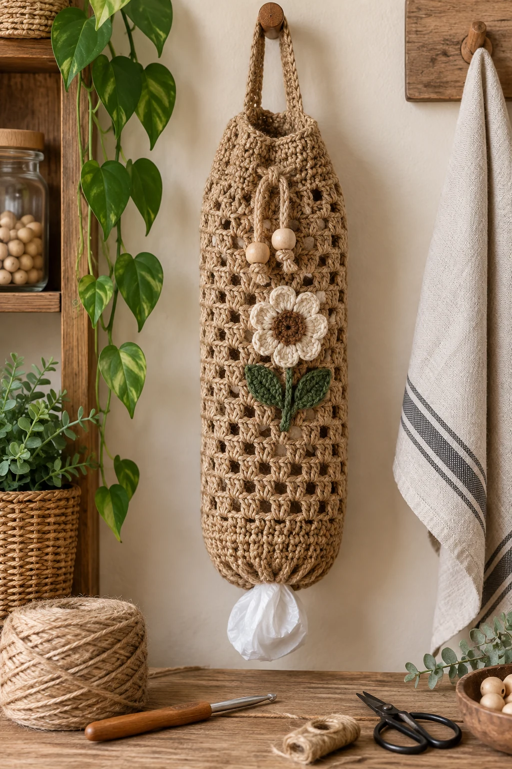 Rustic Jute-Style Crochet Bag Holder — crochet grocery bag holder style outfit