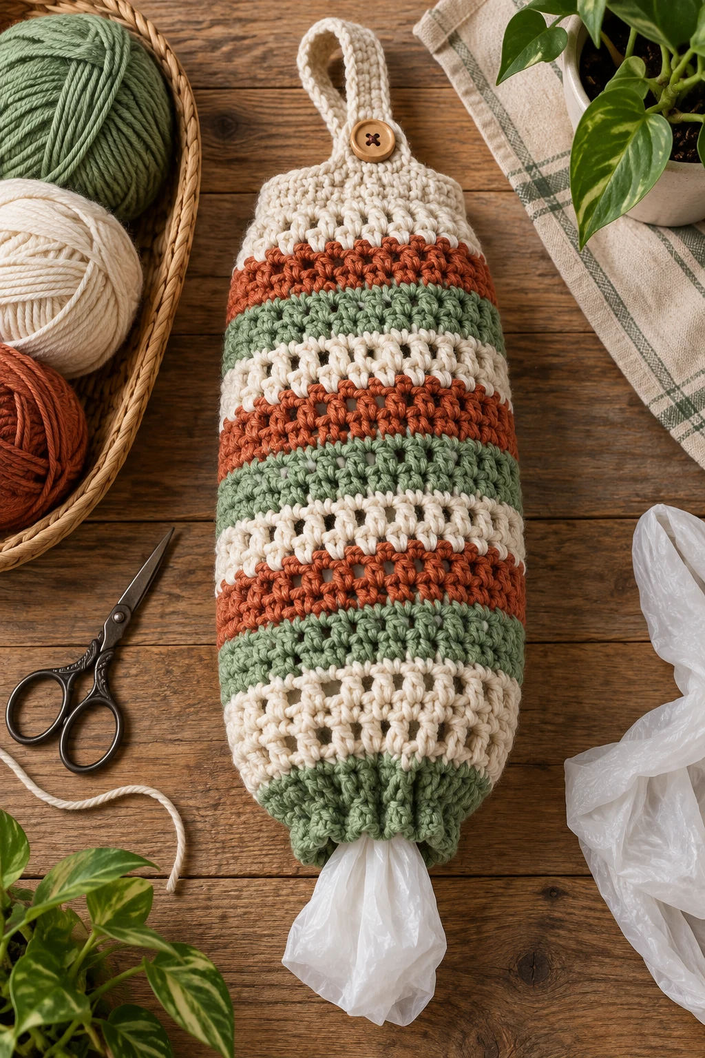 Striped Market-Day Bag Keeper — crochet grocery bag holder style outfit