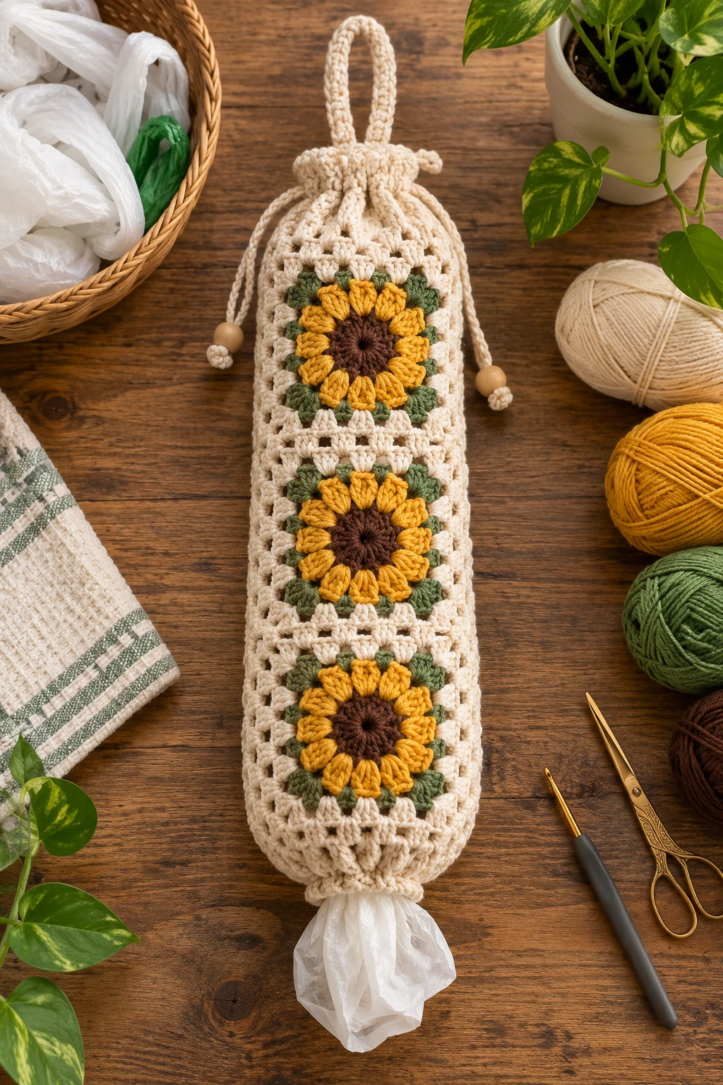 Crochet Plastic Bag Holder With Drawstring — crochet grocery bag holder style outfit