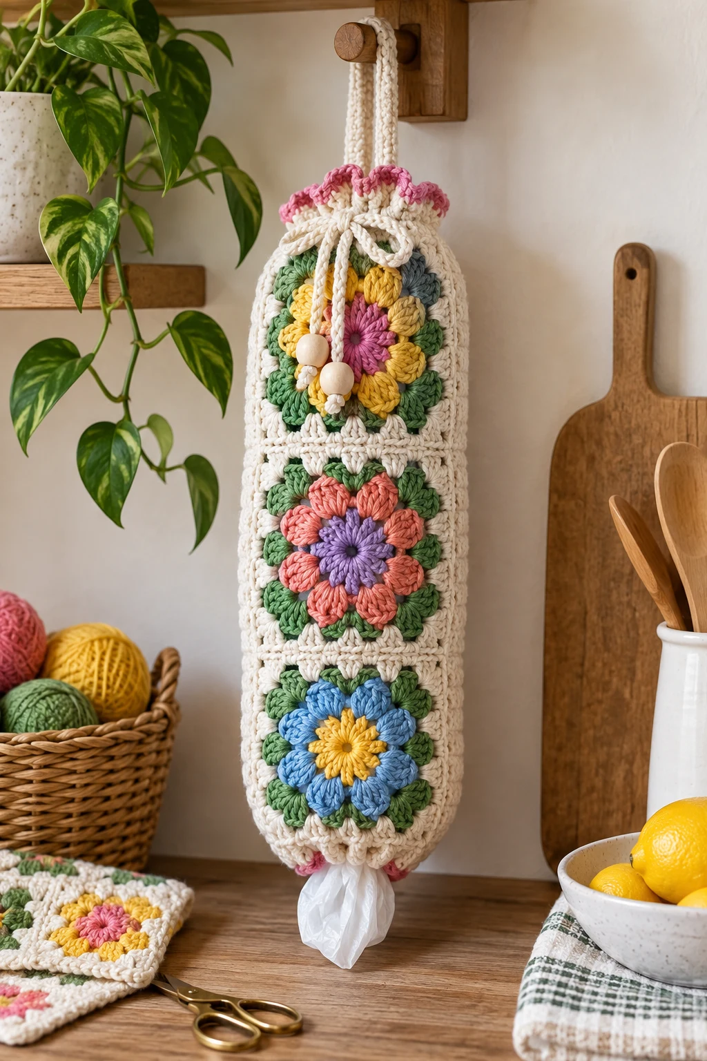 Colorful Crochet Grocery Bag Holder With Granny Details — crochet grocery bag holder style outfit