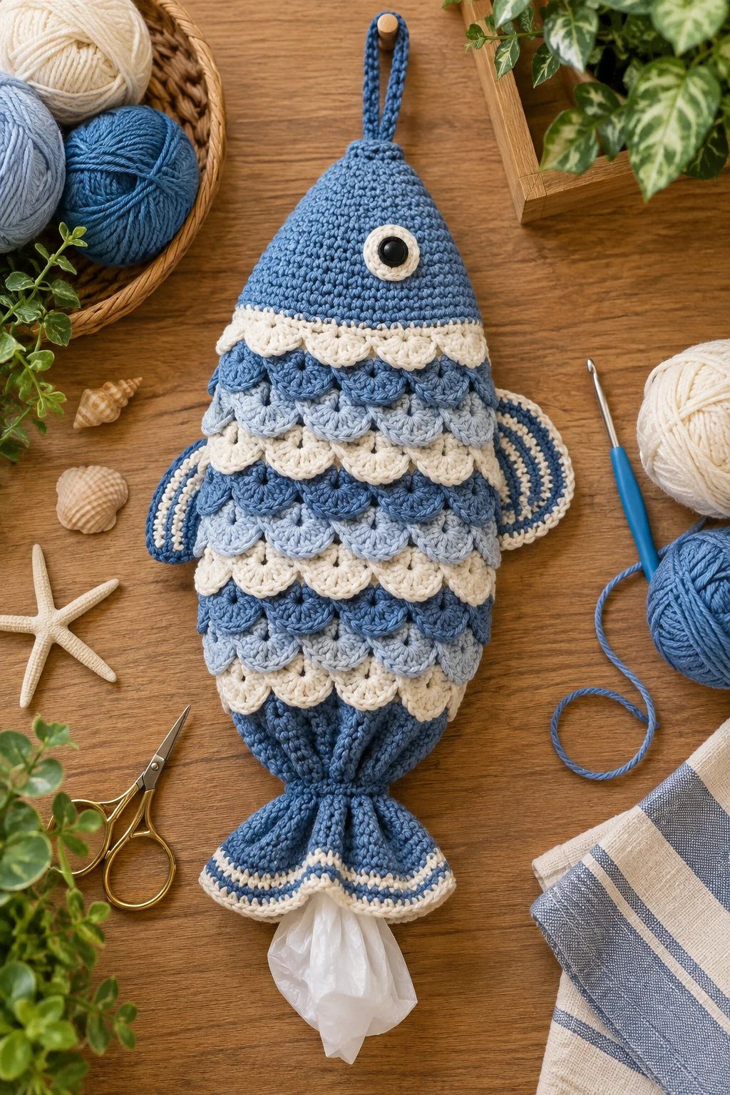Fish-Shaped Crochet Grocery Bag Holder — crochet grocery bag holder style outfit