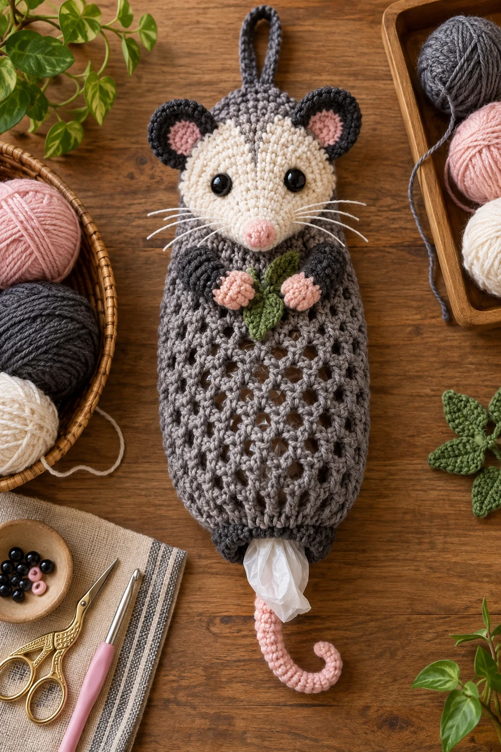Opossum-Inspired Crochet Bag Keeper — crochet grocery bag holder style outfit