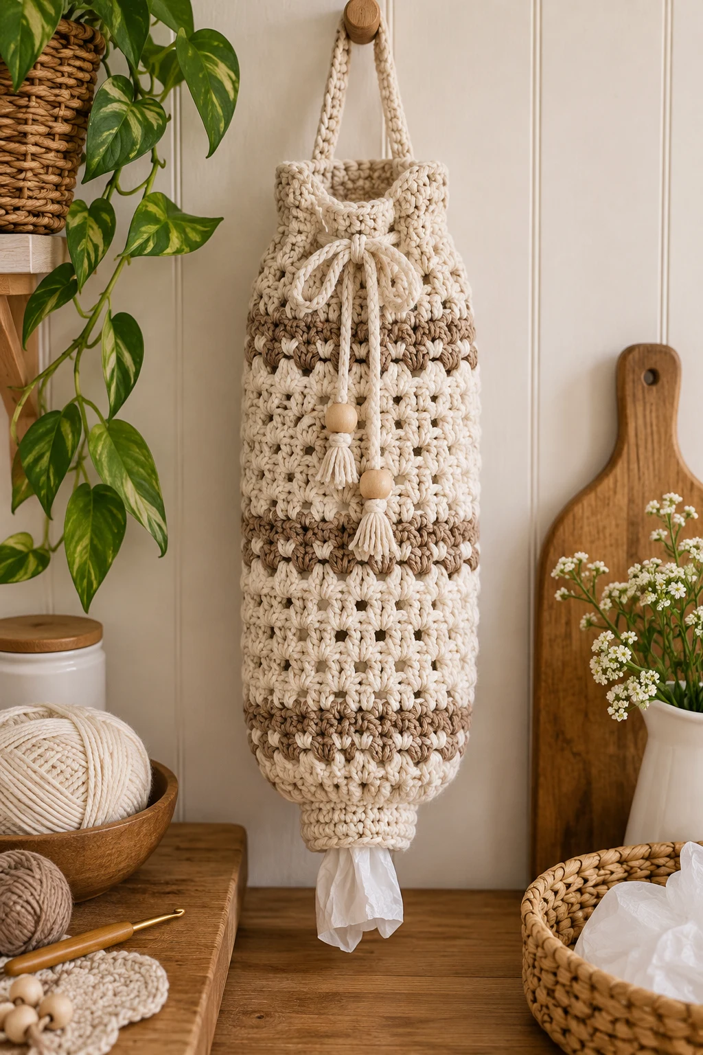 Elegant Neutral Crochet Grocery Bag Holder — crochet grocery bag holder style outfit
