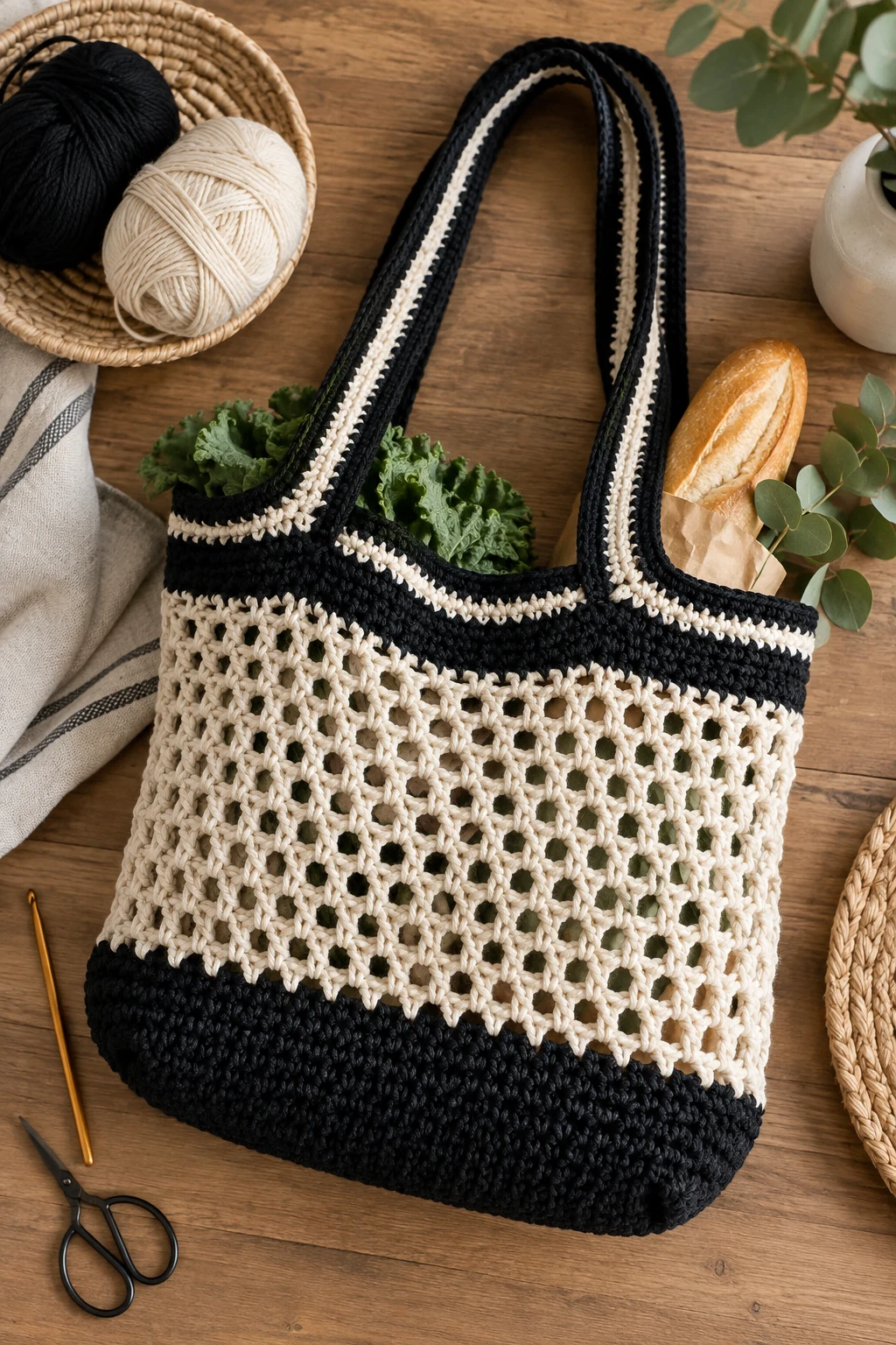 Black-and-Cream Minimalist Grocery Tote — crochet grocery bag style outfit