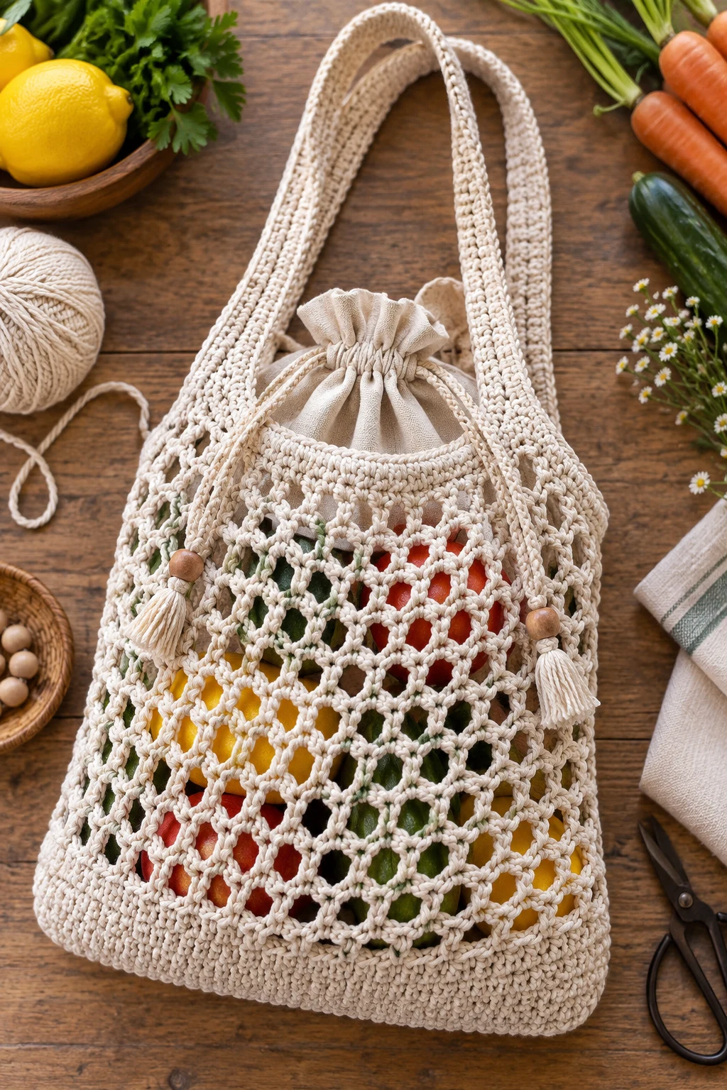 Crochet Grocery Bag With a Drawstring Pouch — crochet grocery bag style outfit