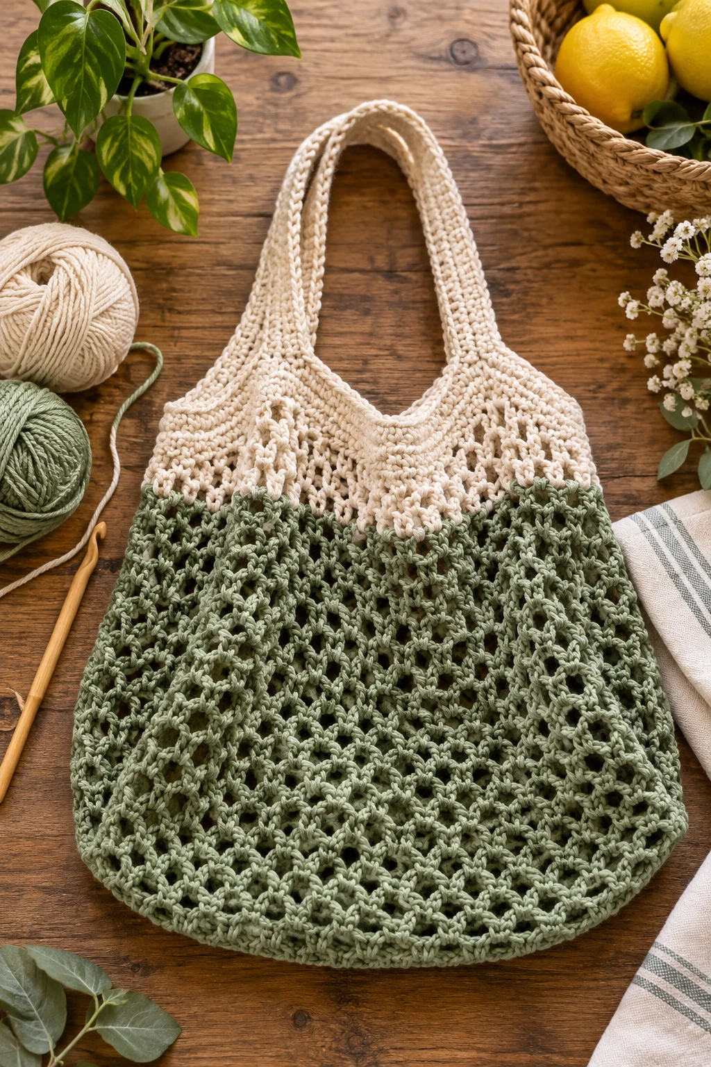 Two-Tone French Market Bag — crochet grocery bag style outfit