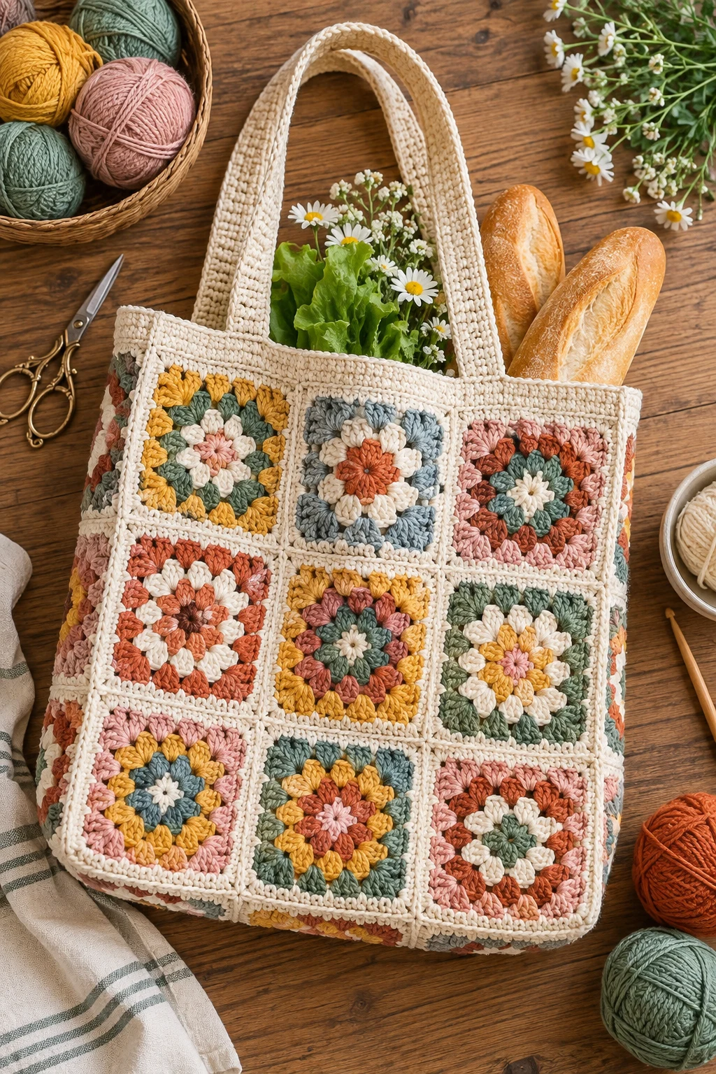 Granny Square Grocery Tote — crochet grocery bag style outfit