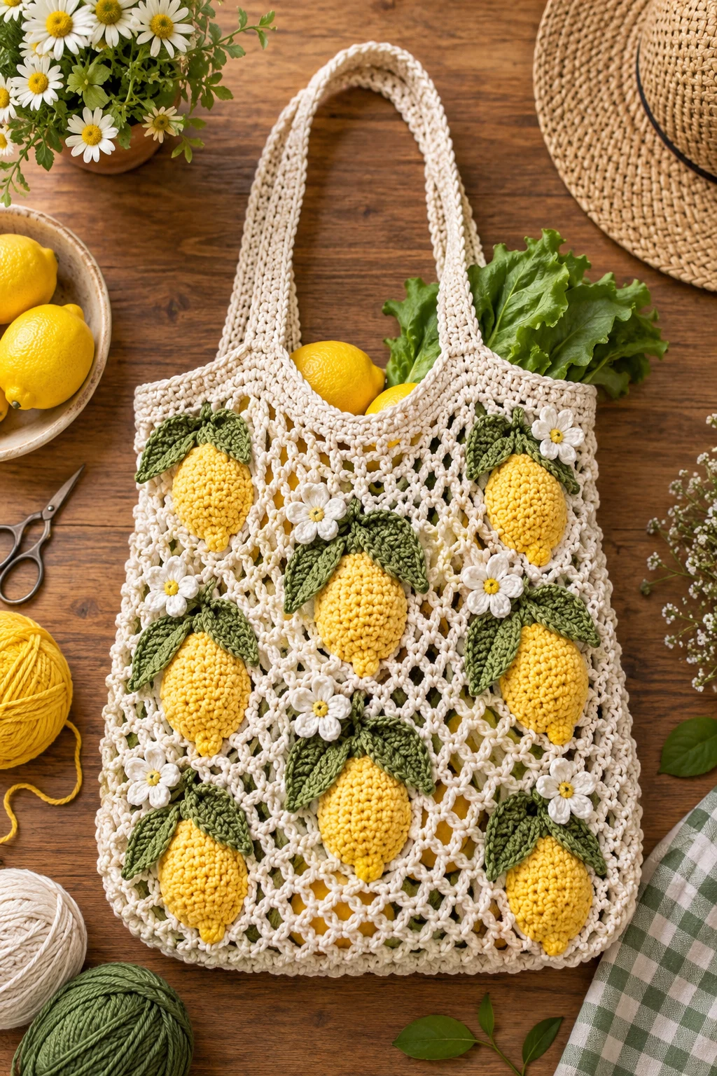 Farmers’ Market Lemon Bag — crochet grocery bag style outfit