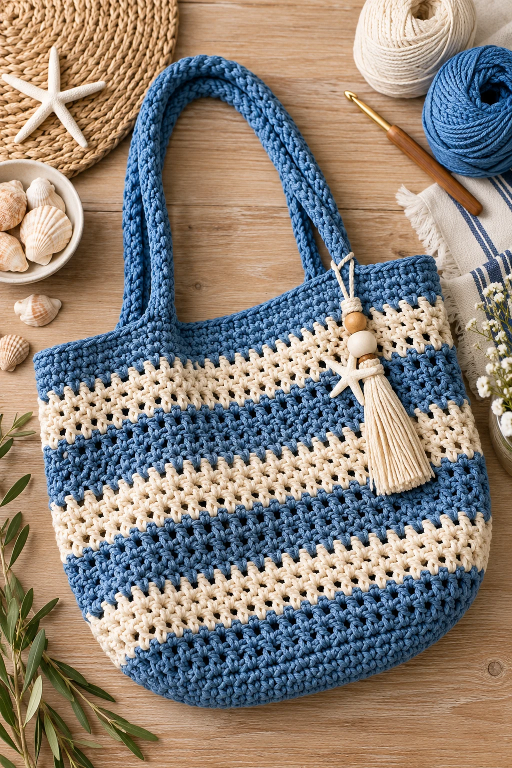 Coastal Blue Rope-Style Bag — crochet grocery bag style outfit