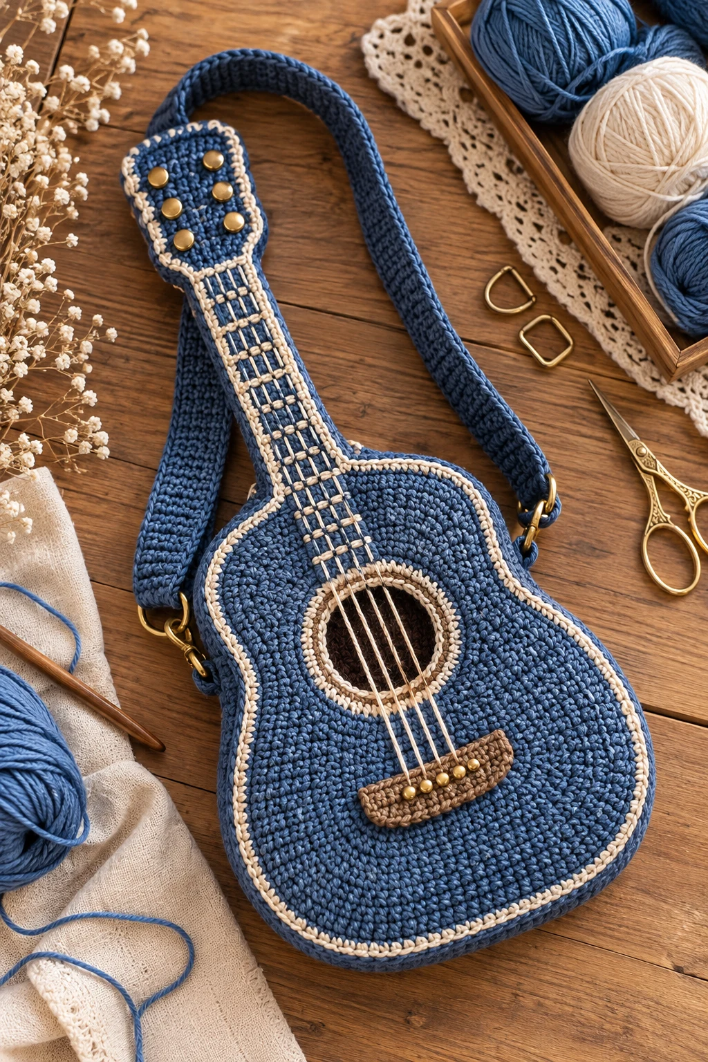 Denim-Blue Crochet Guitar Shoulder Bag — crochet guitar bag style outfit