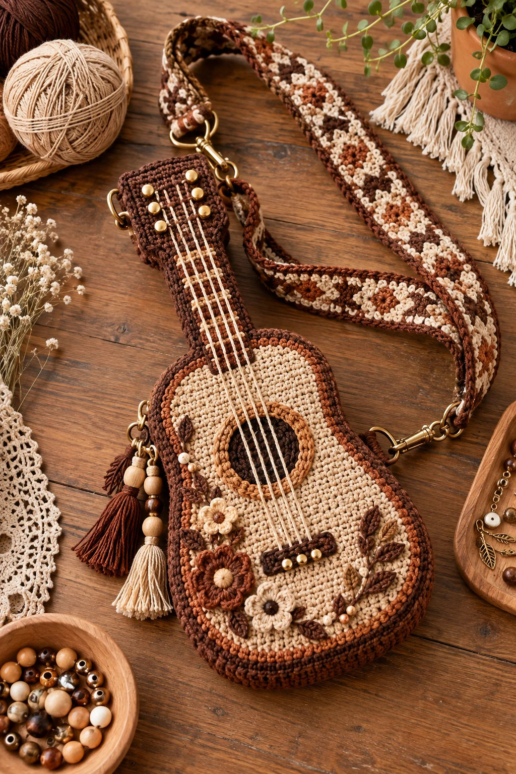Boho Brown Crochet Guitar Crossbody — crochet guitar bag style outfit