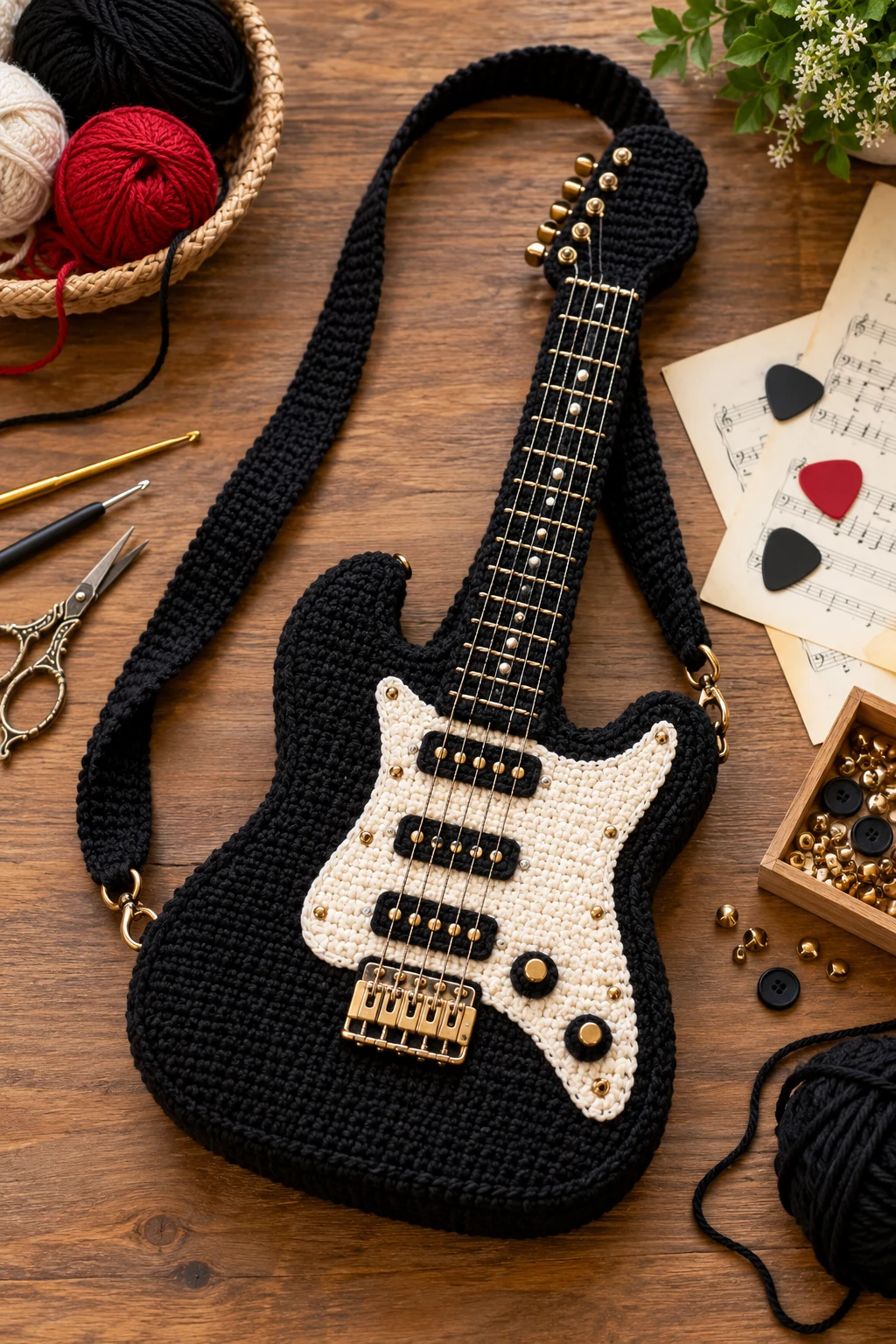 Black Electric Guitar Statement Bag — crochet guitar bag style outfit